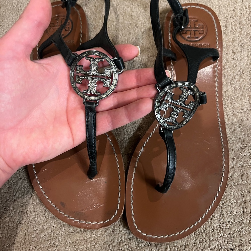 Tory Burch Black and Brown Sandals with Rhinestones